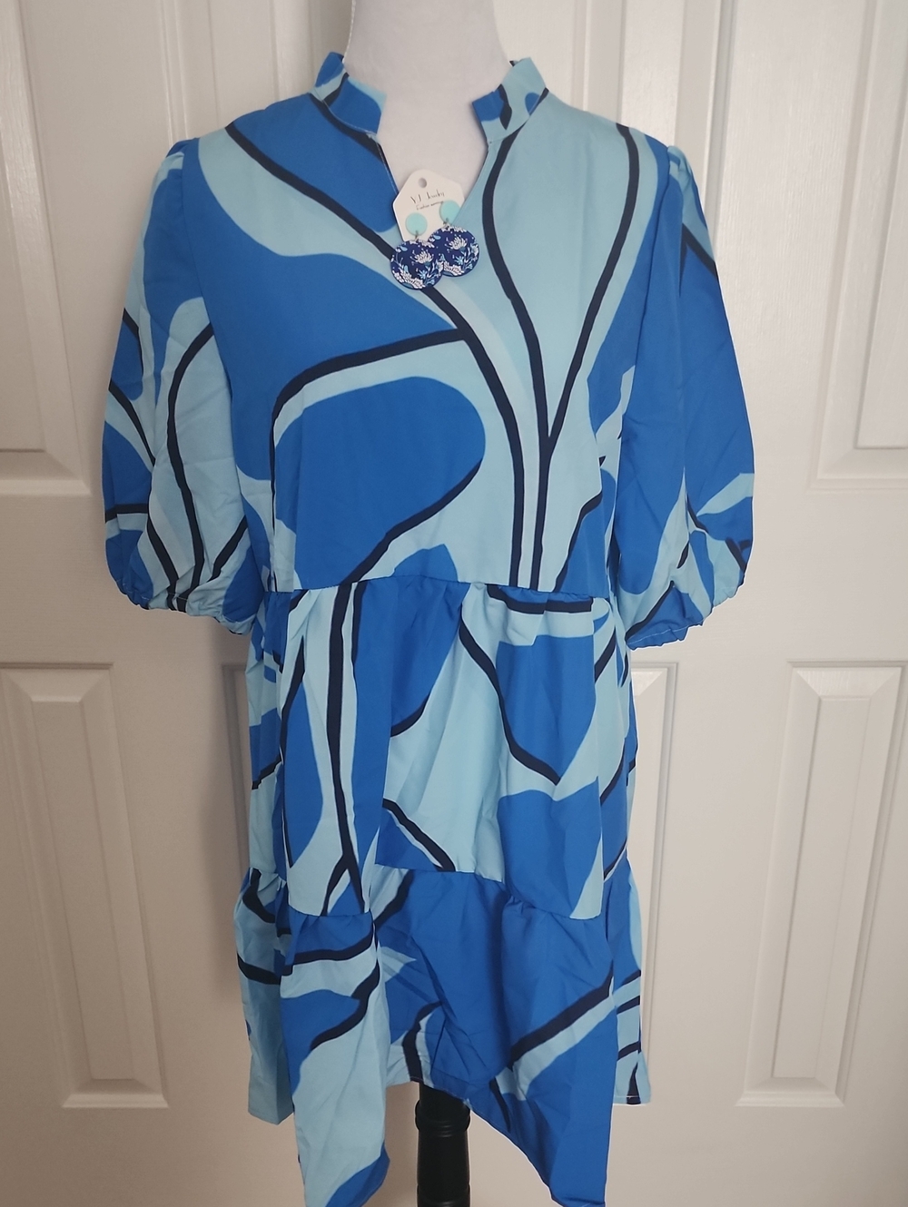 Blue Abstract Print Mini Dress with Puff Sleeves